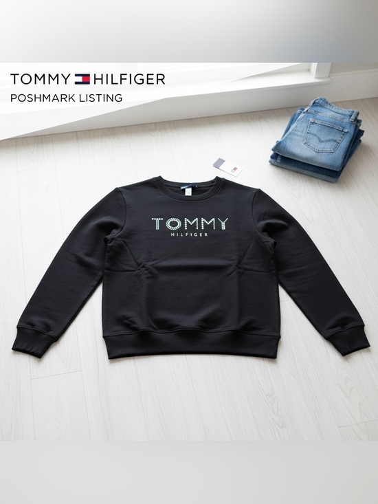 Tommy Hilfiger Tops - Tommy Hilfiger Black Rhinestone Logo Sweatshirt Women’s Medium